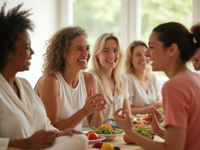 Diverse group of adults happily engaged in conversation and group activities, symbolizing connection and wellbeing.