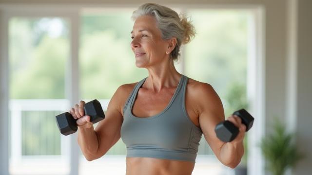 Strong, active senior woman lifting light weights in a gym
