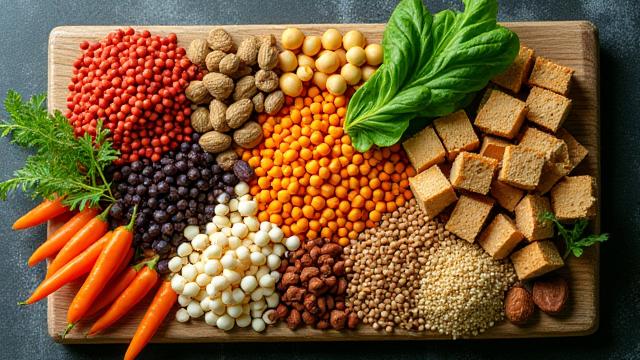 Assortment of plant-based protein sources like lentils, tofu, nuts, and seeds