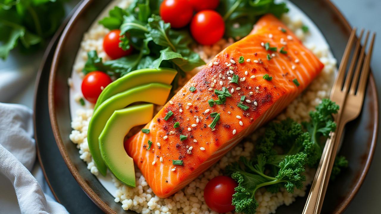 Vibrant, top-down shot of a colorful, healthy meal with salmon, avocado, quinoa, and diverse greens.