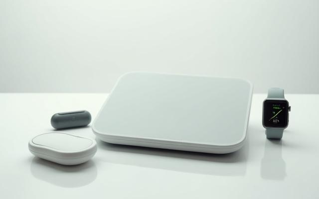 A collection of modern smart wellness devices such as a smart scale, a CGM, and a smartwatch arranged ergonomically